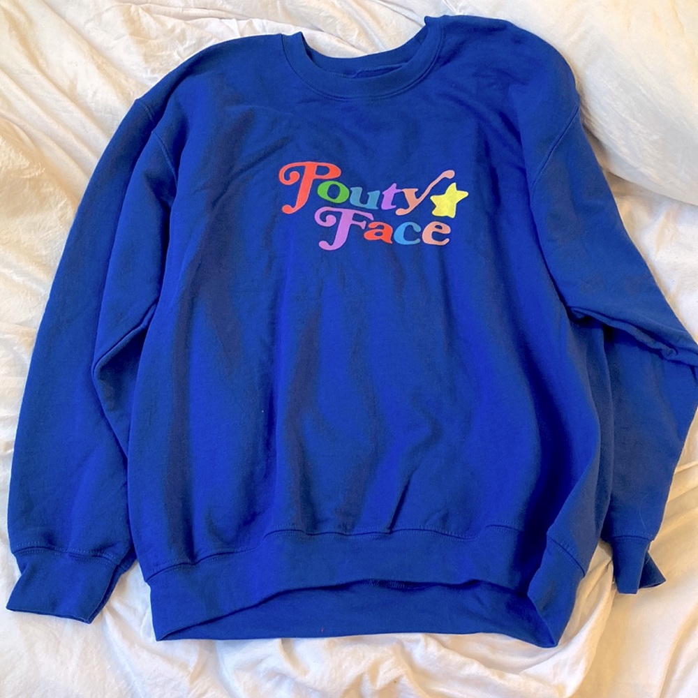 Blue pouty face Addison Rae sweat shirt.